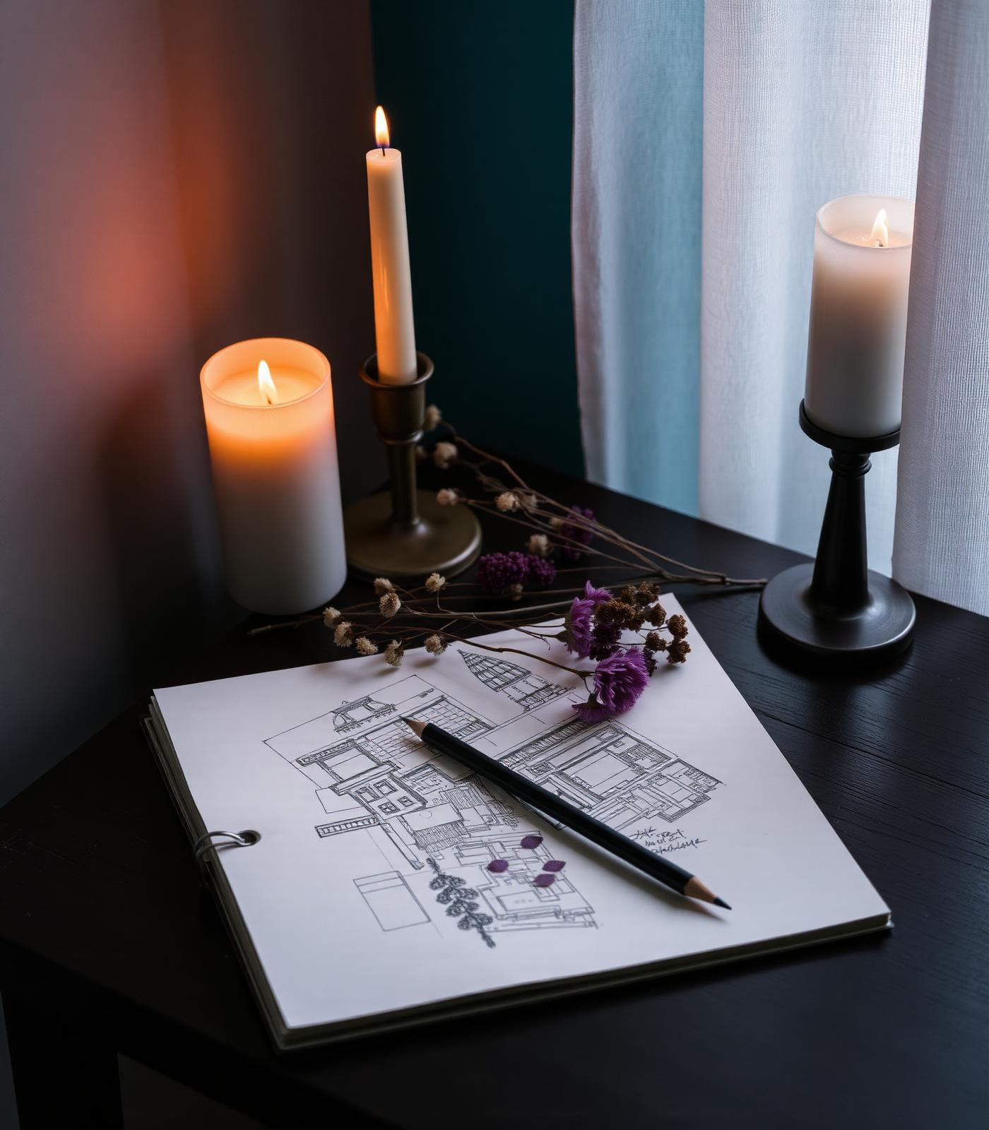 Architectural sketchbook by candlelight — symbolizing decades of design and contemplative practice.
